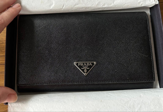 PRADA Double Snap Long Wallet in Black Saffiano Leather with Original box and tags