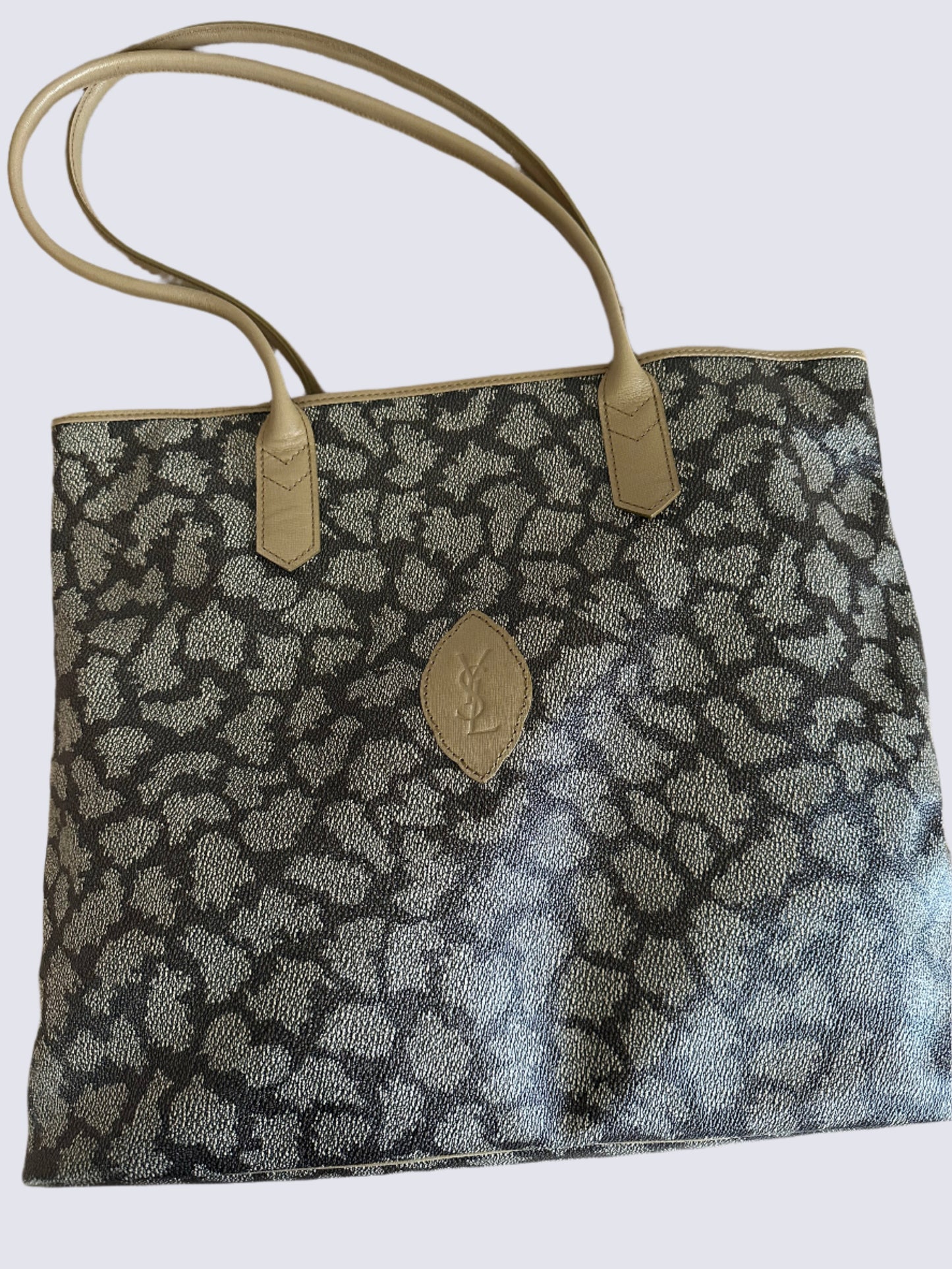 Yves Saint Laurent Dark Tan and Taupe Tote Bag in Giraffe Print Coated Canvas