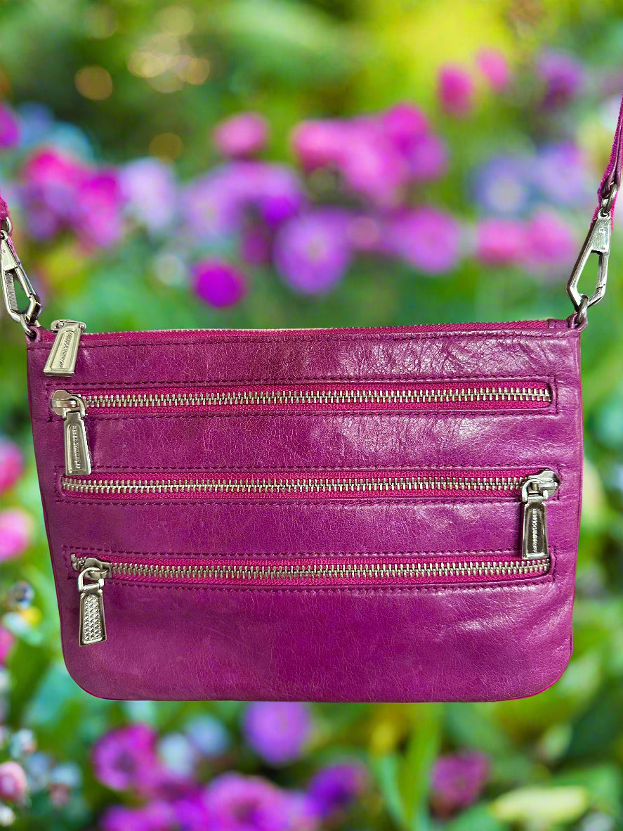 Rebecca Minkoff Purple Magenta Leather Crossbody Bag with 4 zippers
