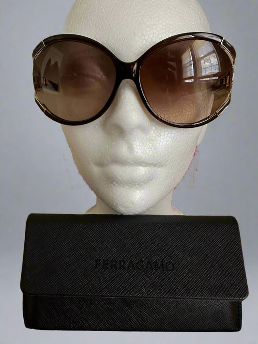 NEW!! Feragamo Brown Oversized Sunglasses w/Signature Gold Horse bit on side