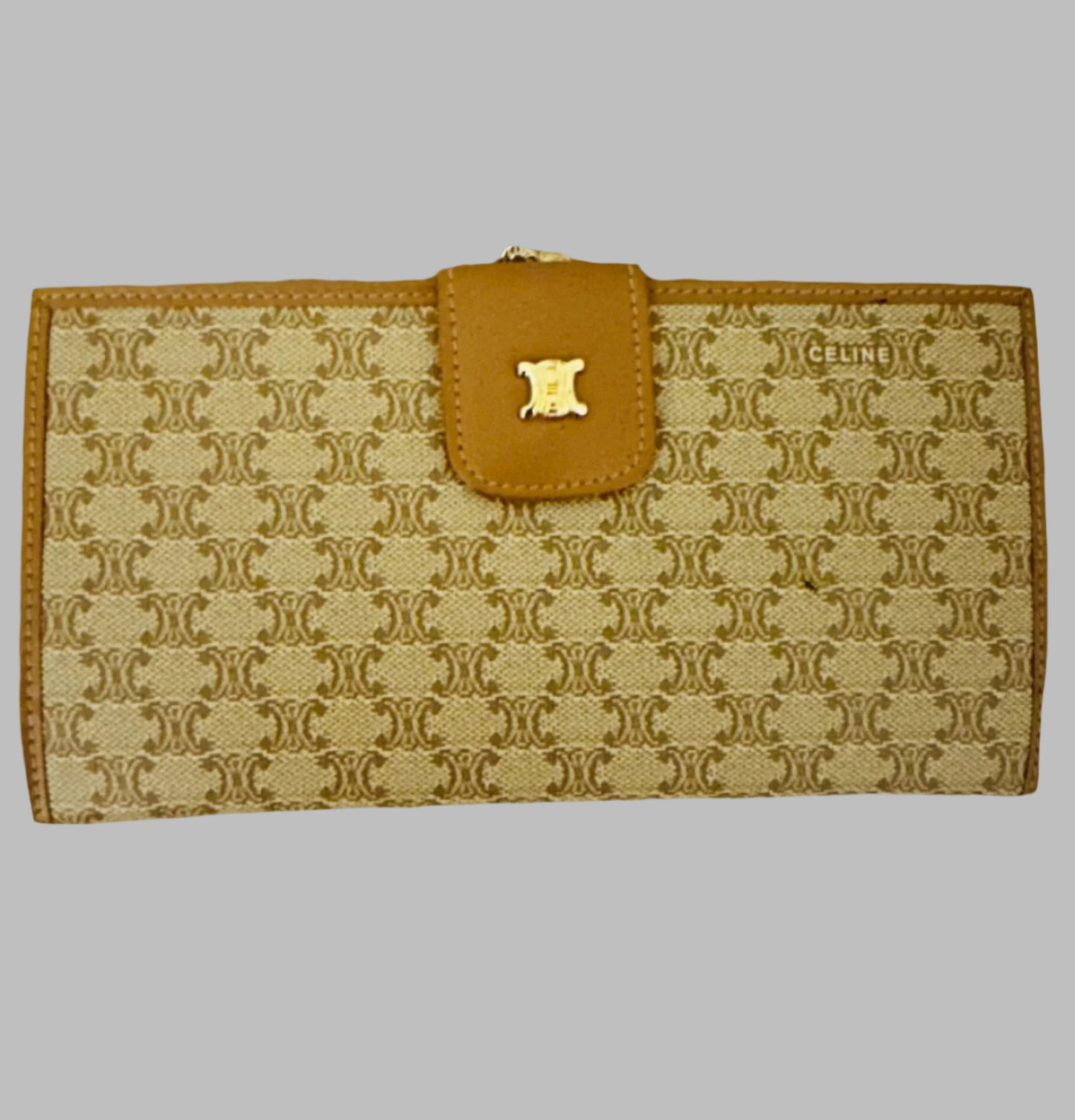 Celine Kiss lock Wallet with Tan Leather Trim, Triomphe Logo, and Gold Hardware. In PRISTINE Condition!
