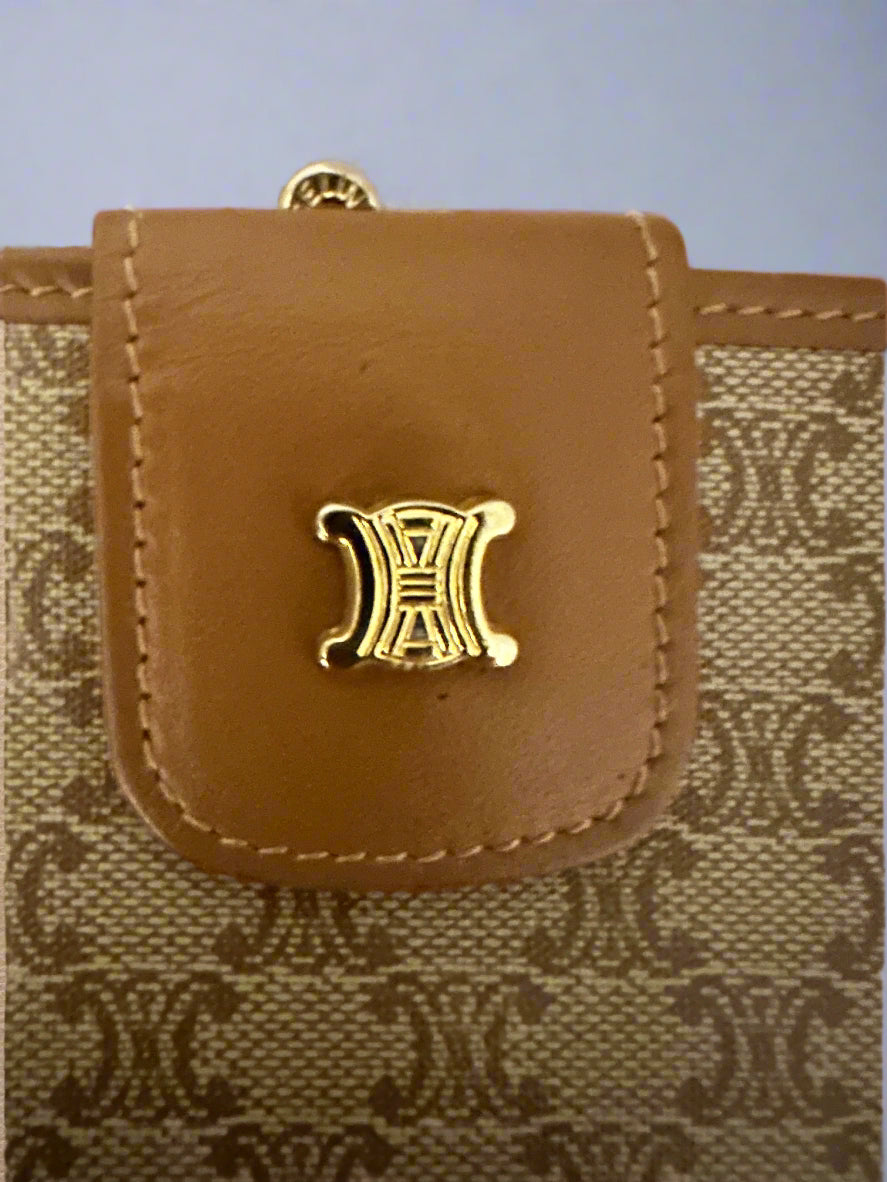 Celine Kiss lock Wallet with Tan Leather Trim, Triomphe Logo, and Gold Hardware. In PRISTINE Condition!