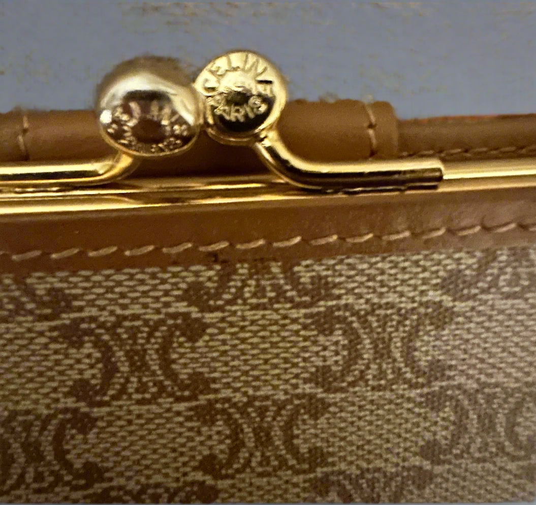 Celine Kiss lock Wallet with Tan Leather Trim, Triomphe Logo, and Gold Hardware. In PRISTINE Condition!