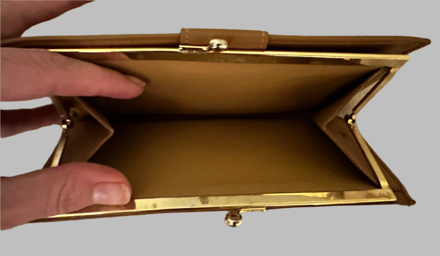 Celine Kiss lock Wallet with Tan Leather Trim, Triomphe Logo, and Gold Hardware. In PRISTINE Condition!