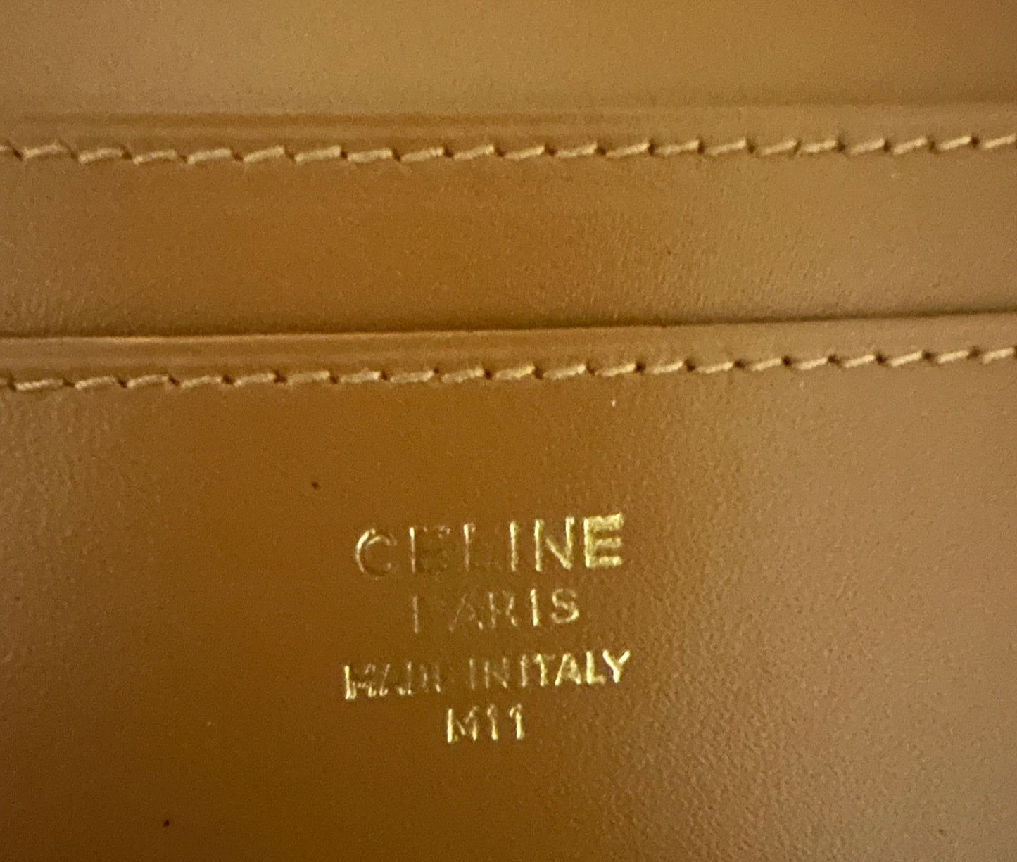 Celine Kiss lock Wallet with Tan Leather Trim, Triomphe Logo, and Gold Hardware. In PRISTINE Condition!