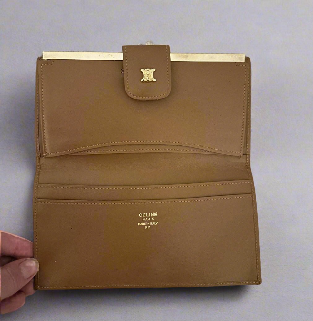 Celine Kiss lock Wallet with Tan Leather Trim, Triomphe Logo, and Gold Hardware. In PRISTINE Condition!