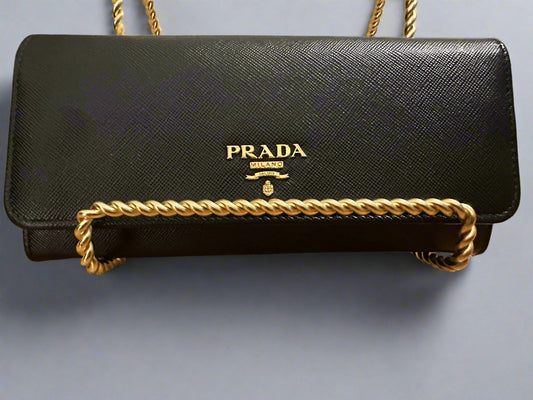 Still in Stores! New! Prada Double Snap Long Safiano Tri-tone Wallet in Black/ Pink Hibiscus with unbranded gold chain