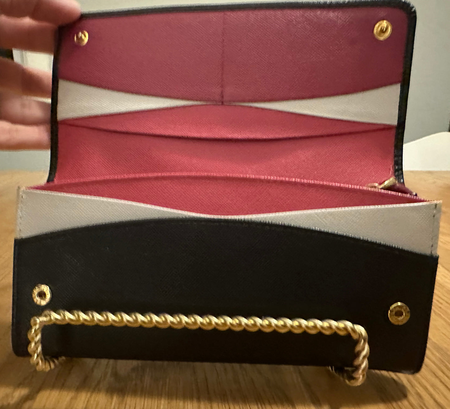 Still in Stores! New! Prada Double Snap Long Safiano Tri-tone Wallet in Black/ Pink Hibiscus with unbranded gold chain
