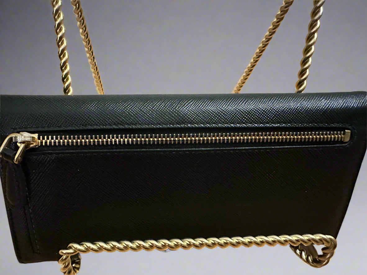 Still in Stores! New! Prada Double Snap Long Safiano Tri-tone Wallet in Black/ Pink Hibiscus with unbranded gold chain