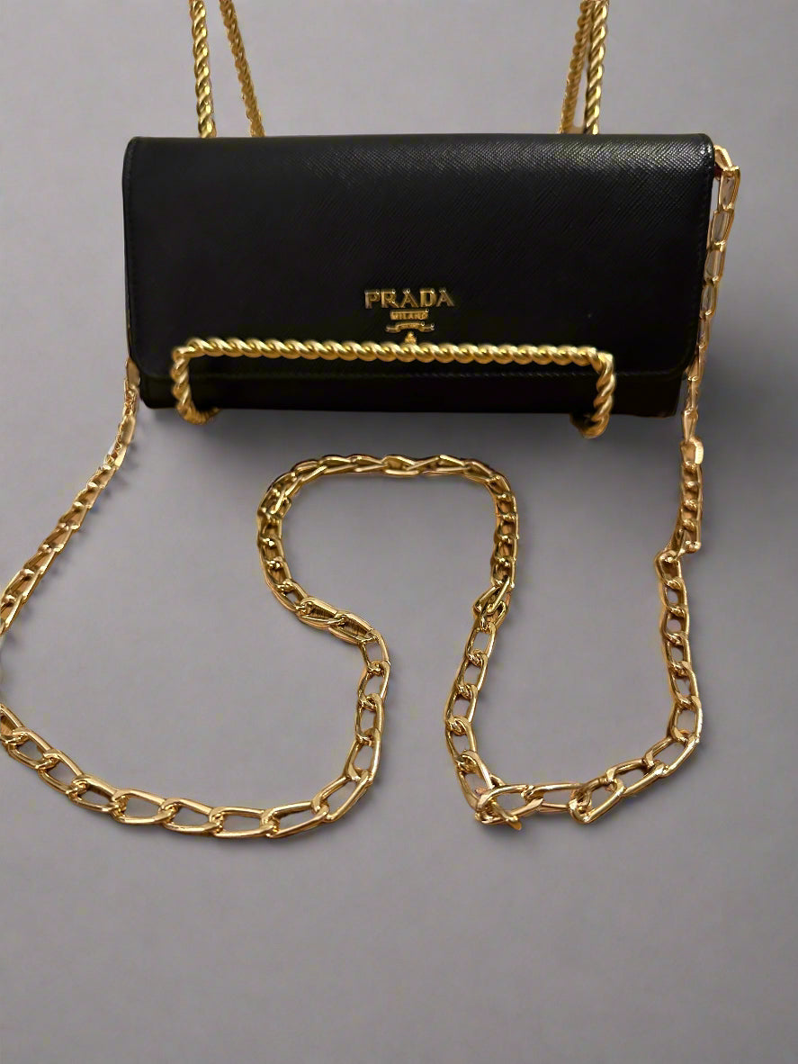 Still in Stores! New! Prada Double Snap Long Safiano Tri-tone Wallet in Black/ Pink Hibiscus with unbranded gold chain