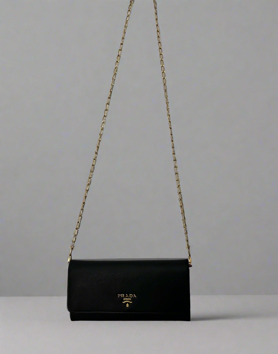 Still in Stores! New! Prada Double Snap Long Safiano Tri-tone Wallet in Black/ Pink Hibiscus with unbranded gold chain