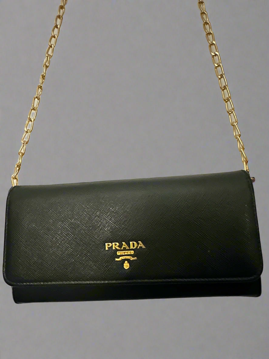 Still in Stores! New! Prada Double Snap Long Safiano Tri-tone Wallet in Black/ Pink Hibiscus with unbranded gold chain