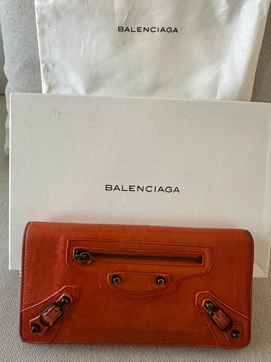Balenciaga Classic Long Zippie Leather Wallet/Clutch in Tangerine