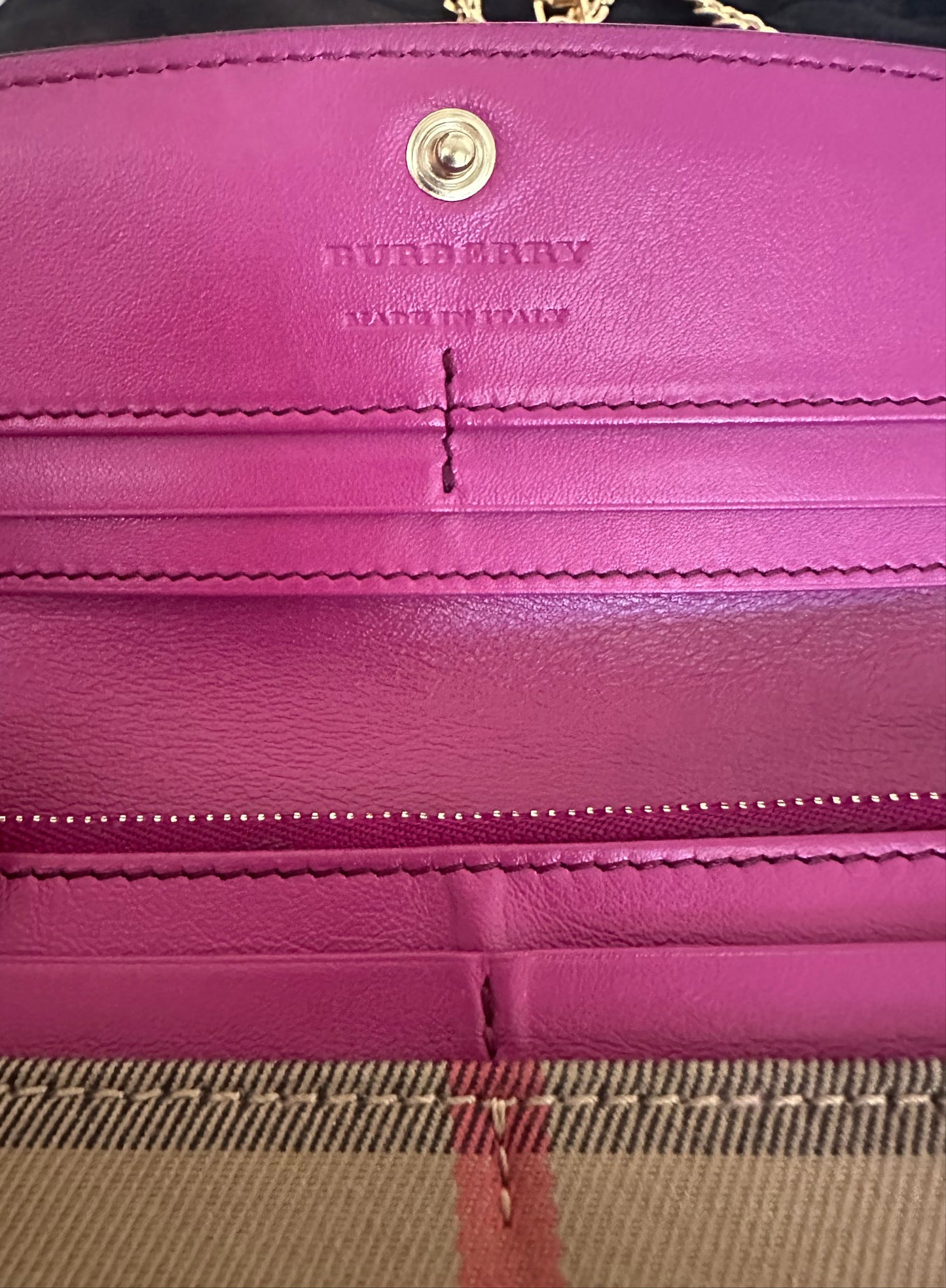 Burberry Pink and Tan Novo Check long Wallet with Gold Chain