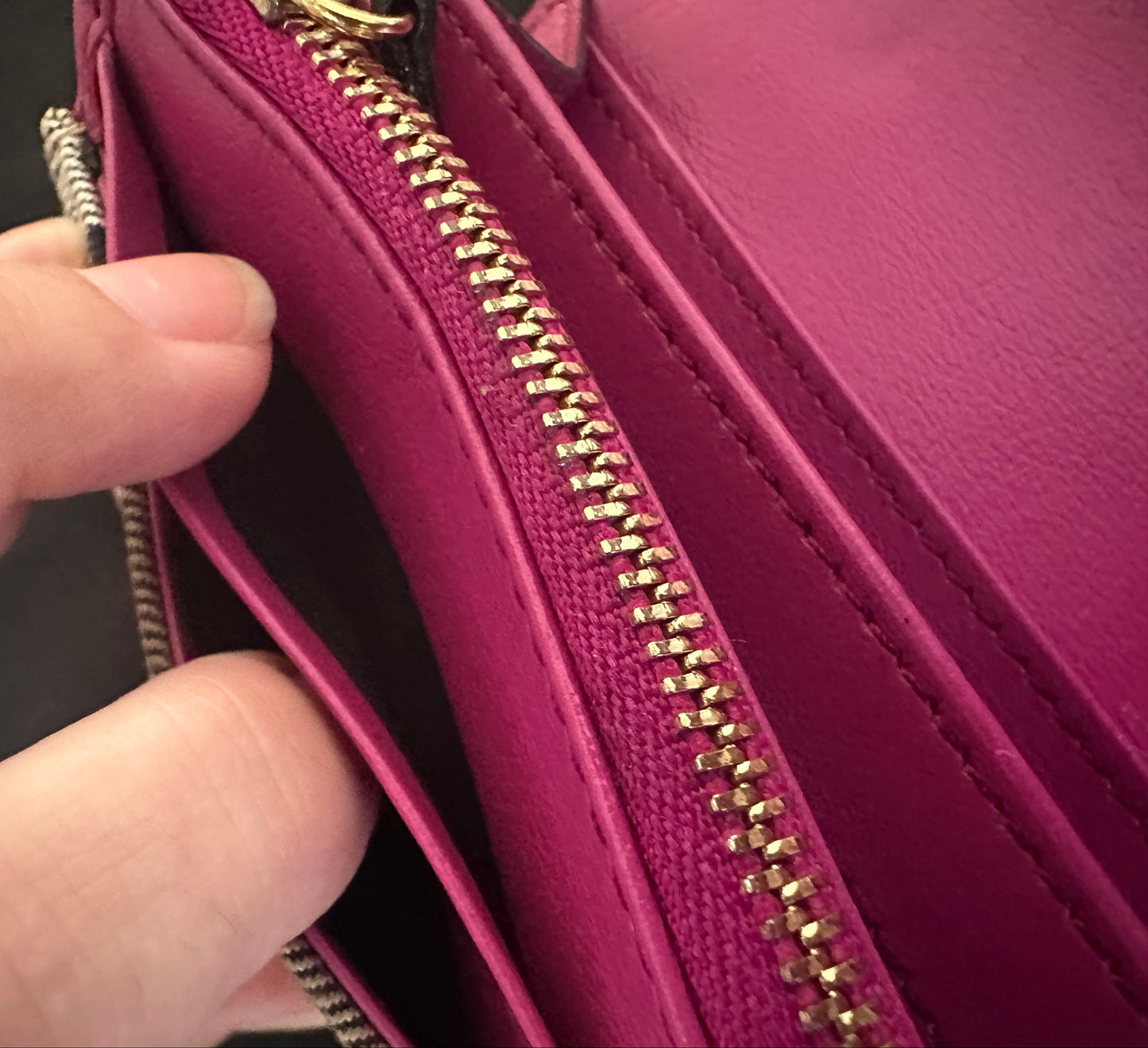 Burberry Pink and Tan Novo Check long Wallet with Gold Chain
