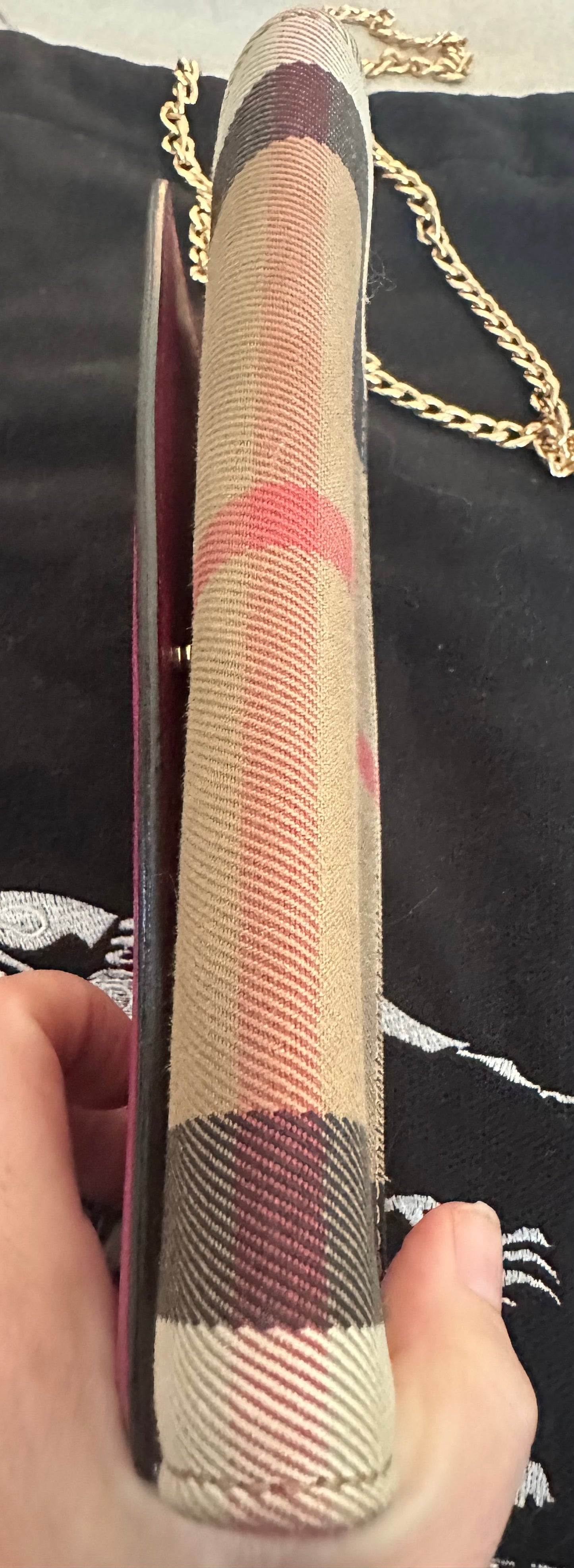 Burberry Pink and Tan Novo Check long Wallet with Gold Chain