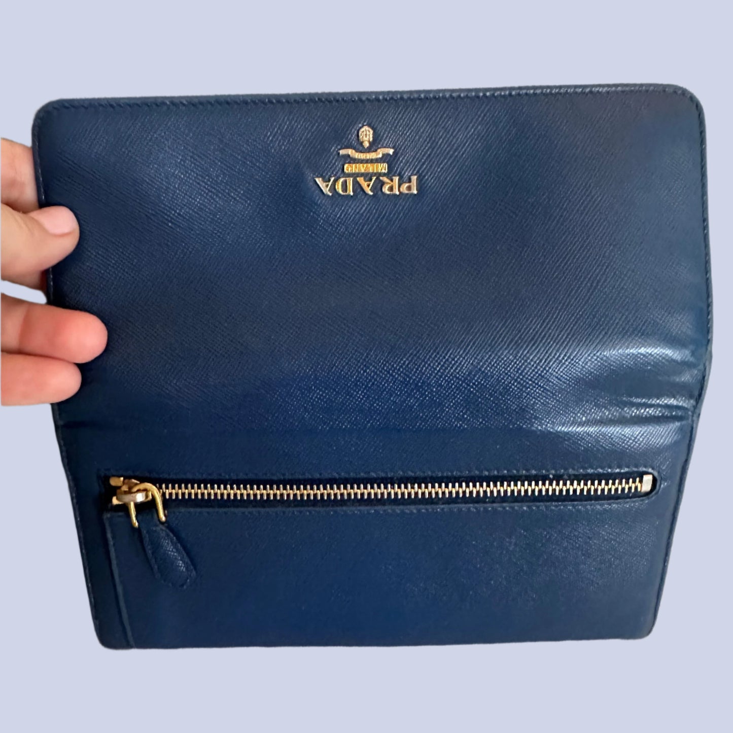 Prada Double Snap Long Leather Wallet in Deep Blue