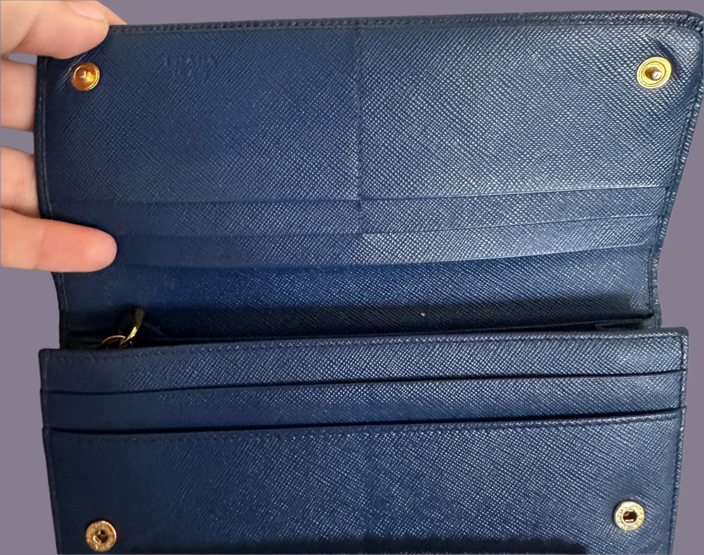 Prada Double Snap Long Leather Wallet in Deep Blue