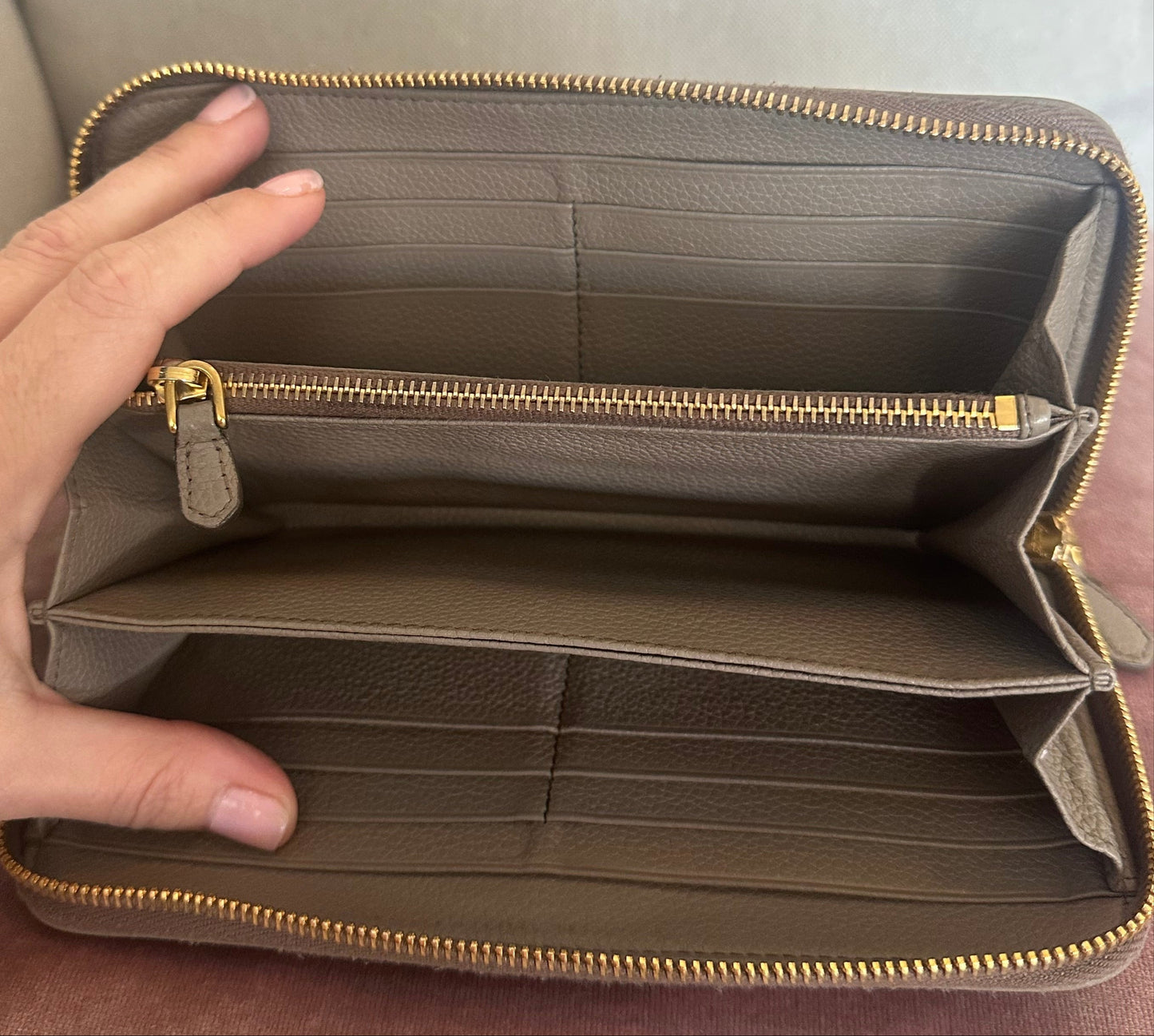 Prada Beige/Taupe Saffiano Leather Large Continental Zip Wallet with Zipper Closure