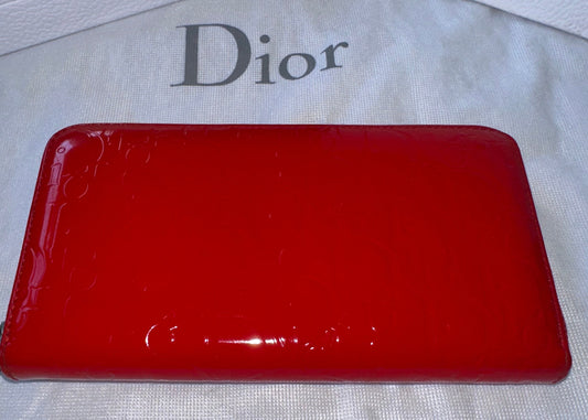 Christian Dior Red Enamel Embossed Patent Leather Long Zip Wallet