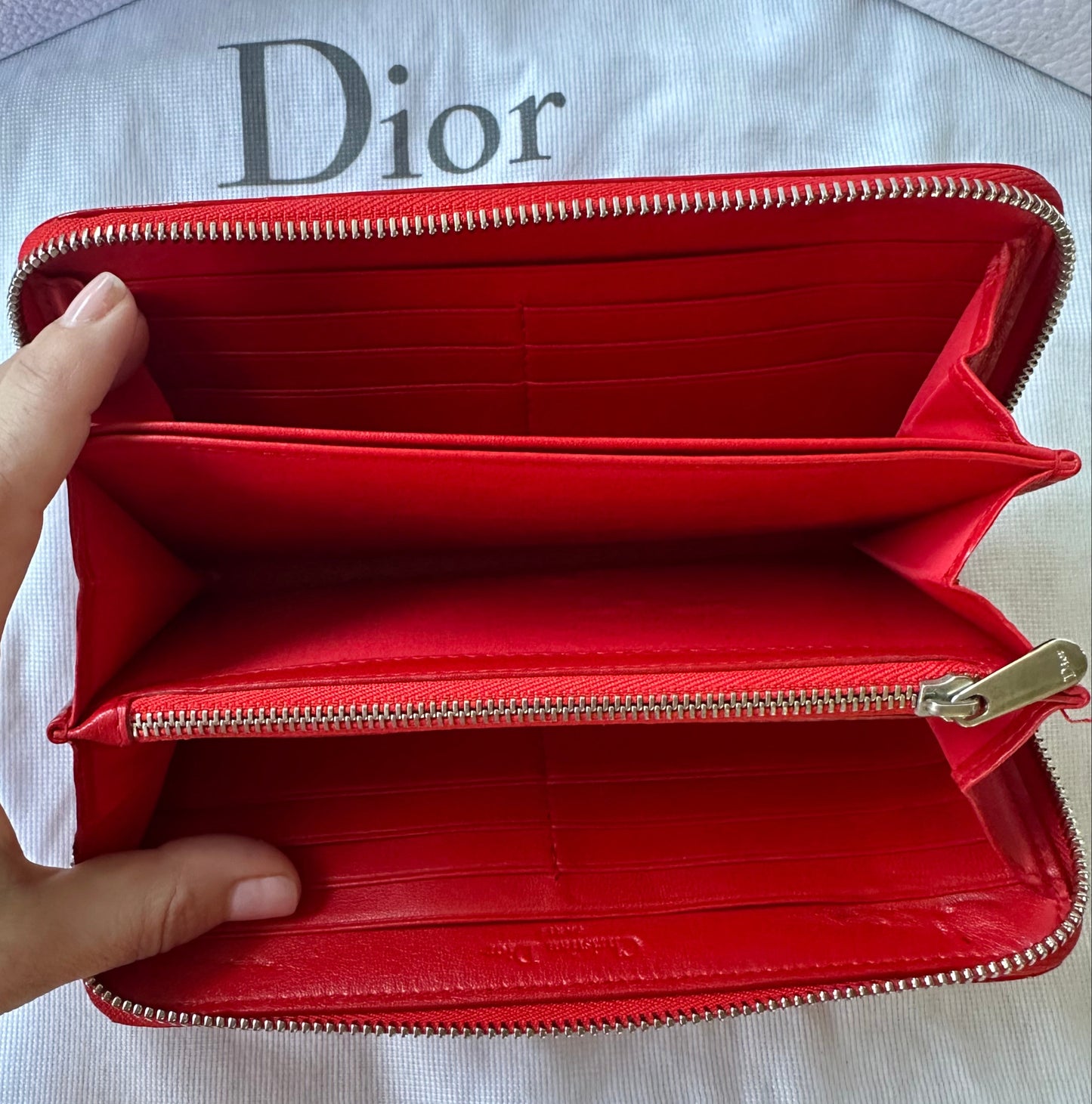 Christian Dior Red Enamel Embossed Patent Leather Long Zip Wallet