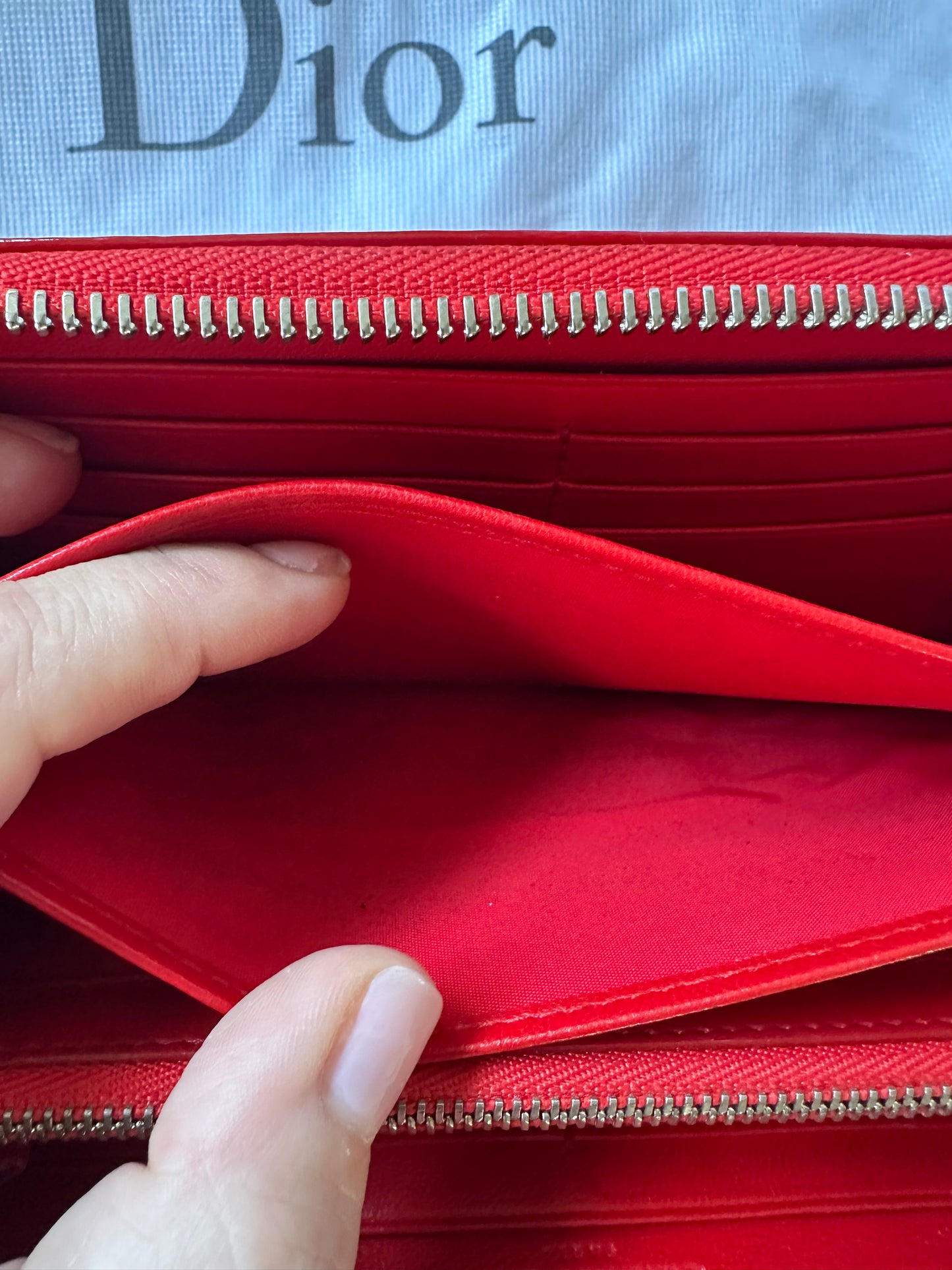Christian Dior Red Enamel Embossed Patent Leather Long Zip Wallet