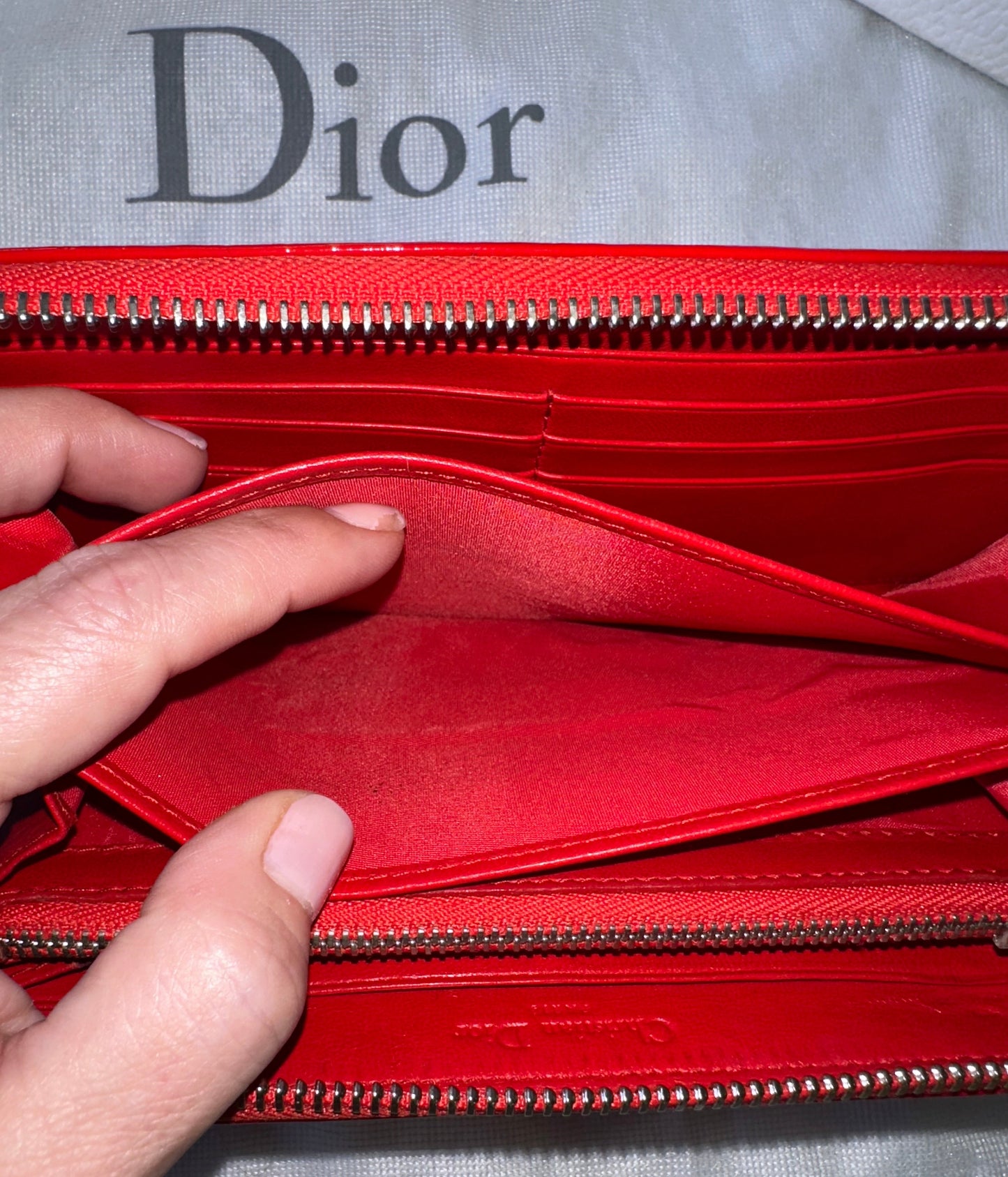 Christian Dior Red Enamel Embossed Patent Leather Long Zip Wallet