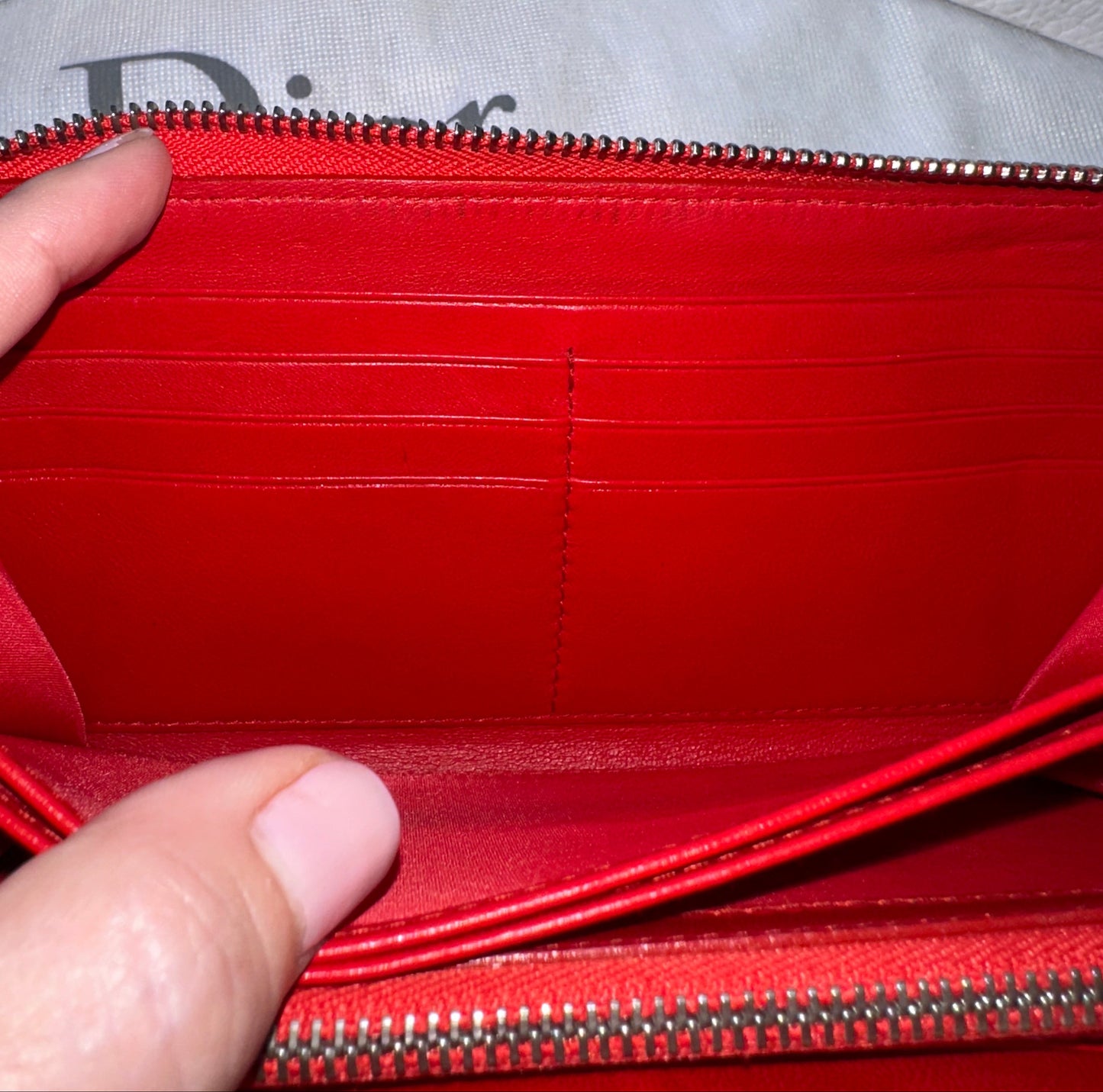 Christian Dior Red Enamel Embossed Patent Leather Long Zip Wallet