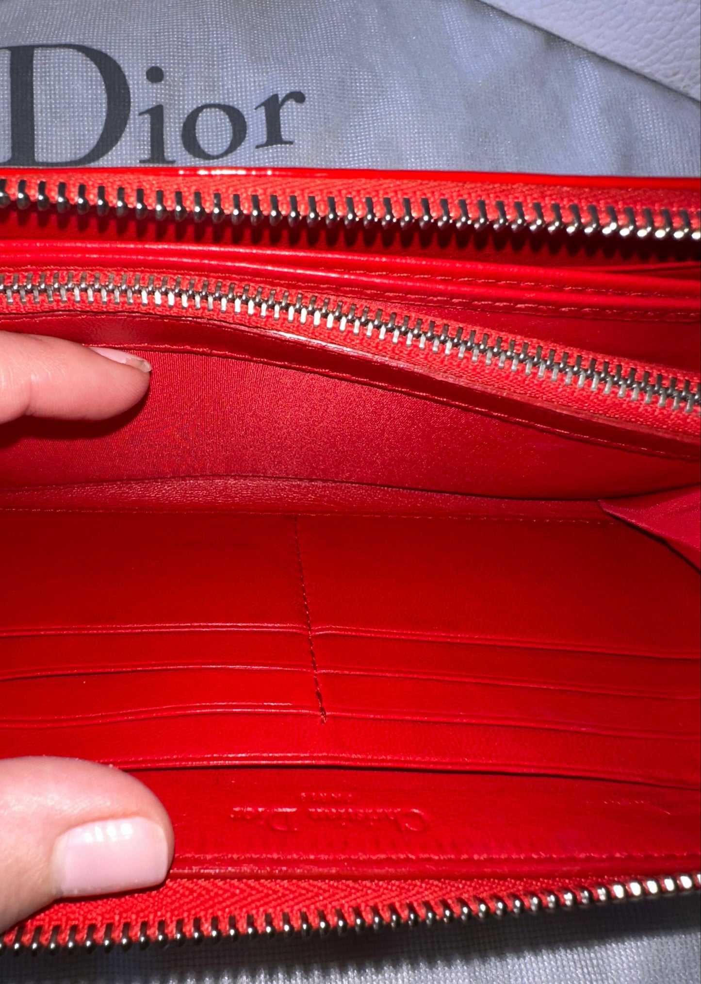 Christian Dior Red Enamel Embossed Patent Leather Long Zip Wallet