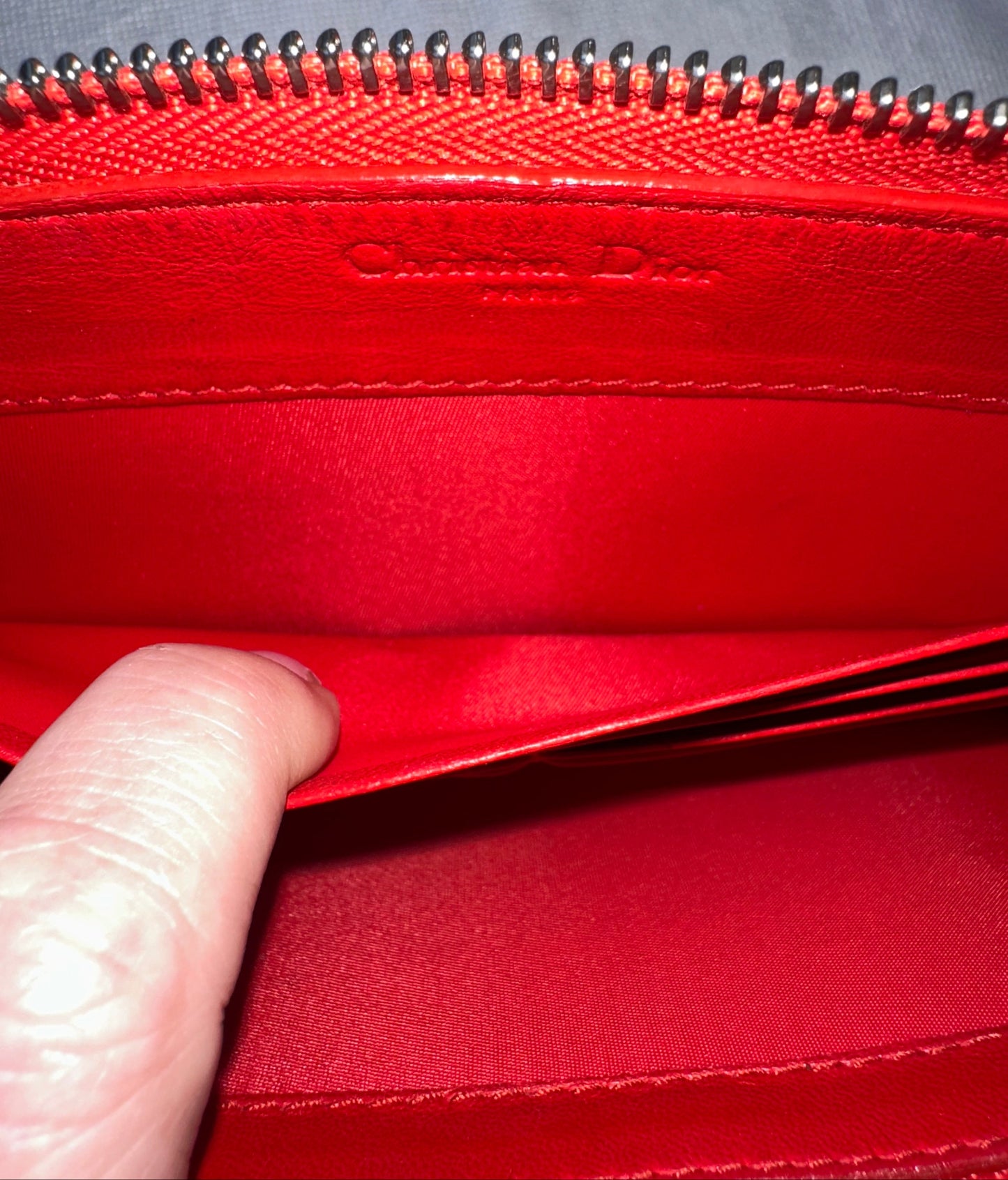 Christian Dior Red Enamel Embossed Patent Leather Long Zip Wallet