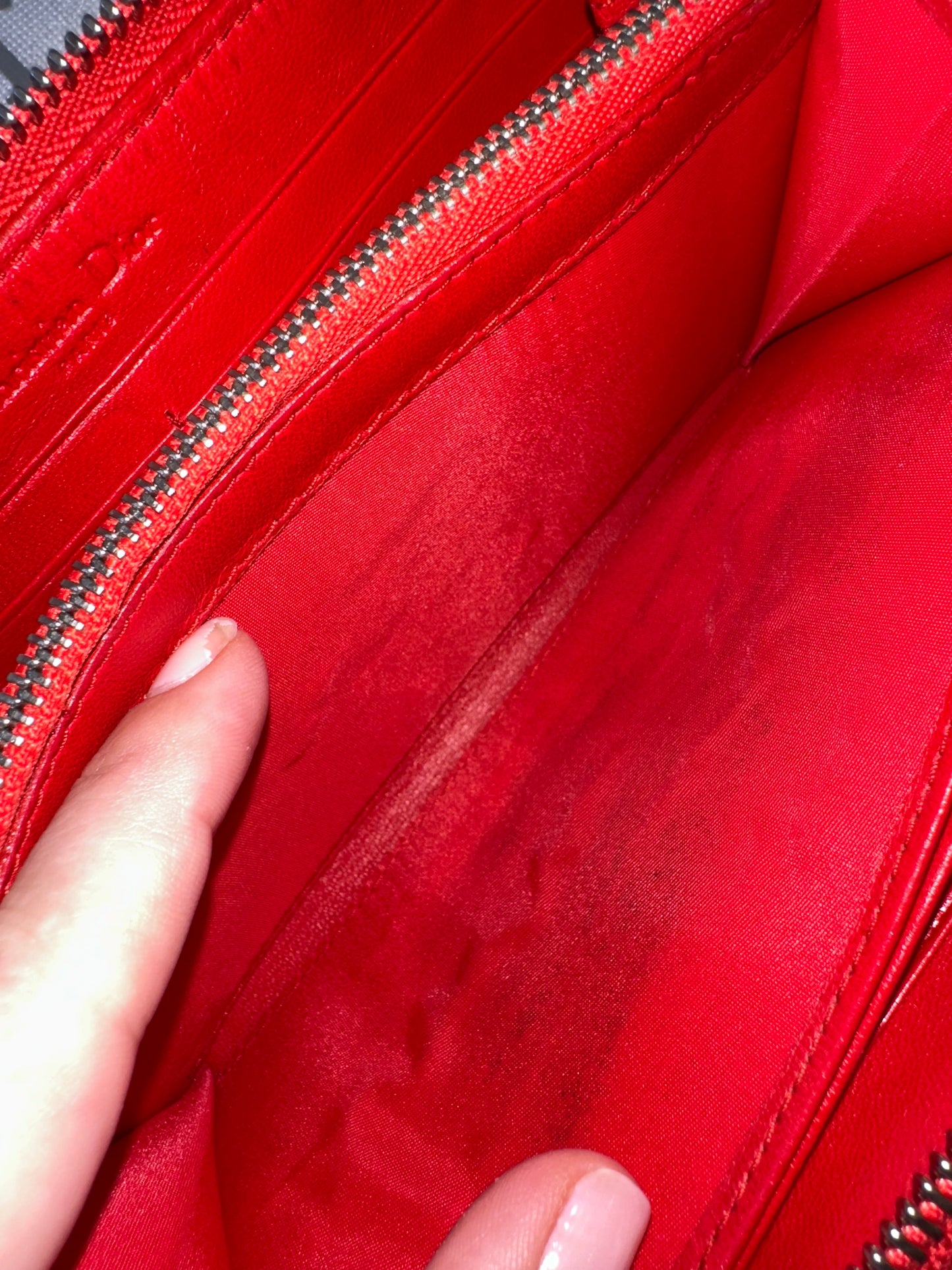 Christian Dior Red Enamel Embossed Patent Leather Long Zip Wallet