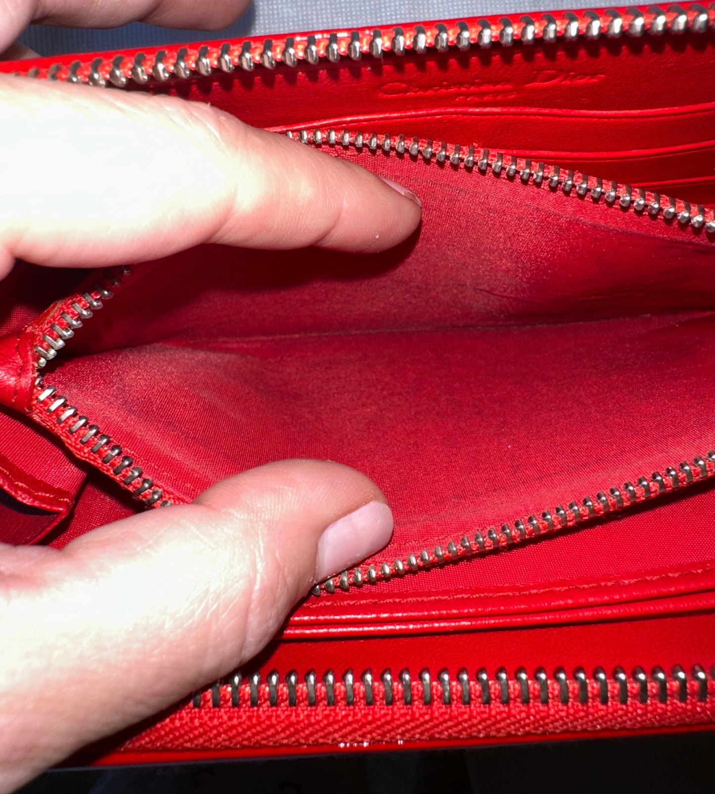 Christian Dior Red Enamel Embossed Patent Leather Long Zip Wallet