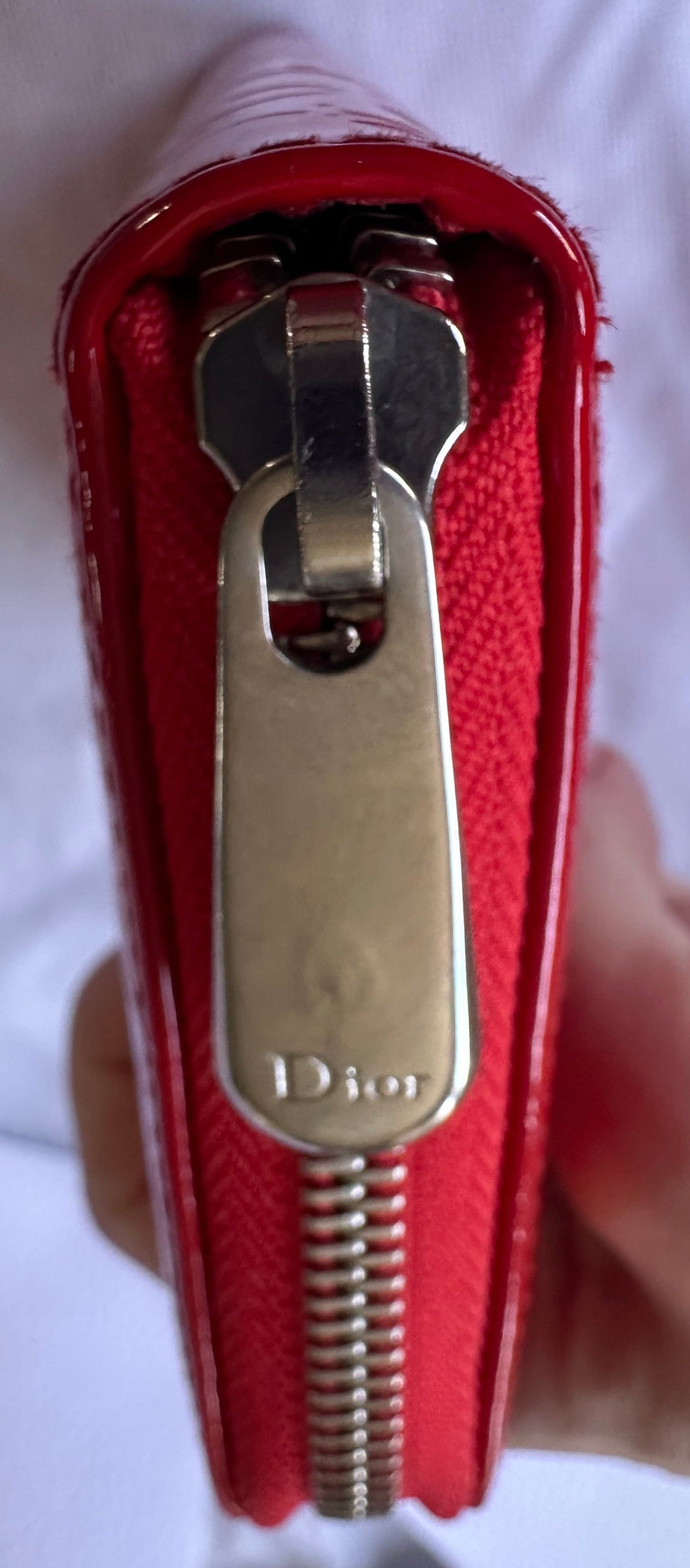Christian Dior Red Enamel Embossed Patent Leather Long Zip Wallet