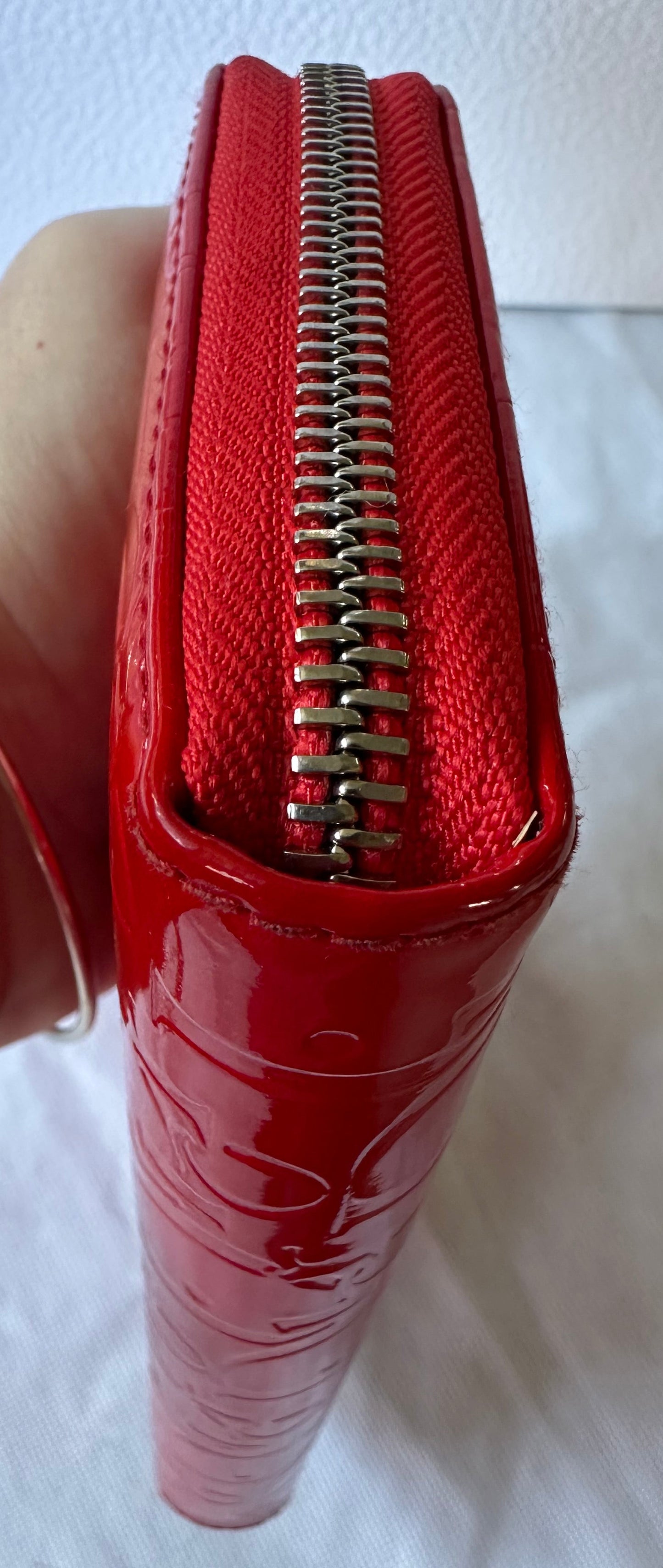 Christian Dior Red Enamel Embossed Patent Leather Long Zip Wallet