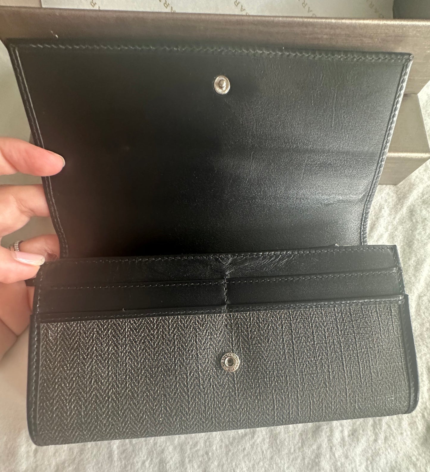 Bulgari Long Double Snap Canvas & Leather Wallet w Bvlgari Logo Men/Women/Unisex
