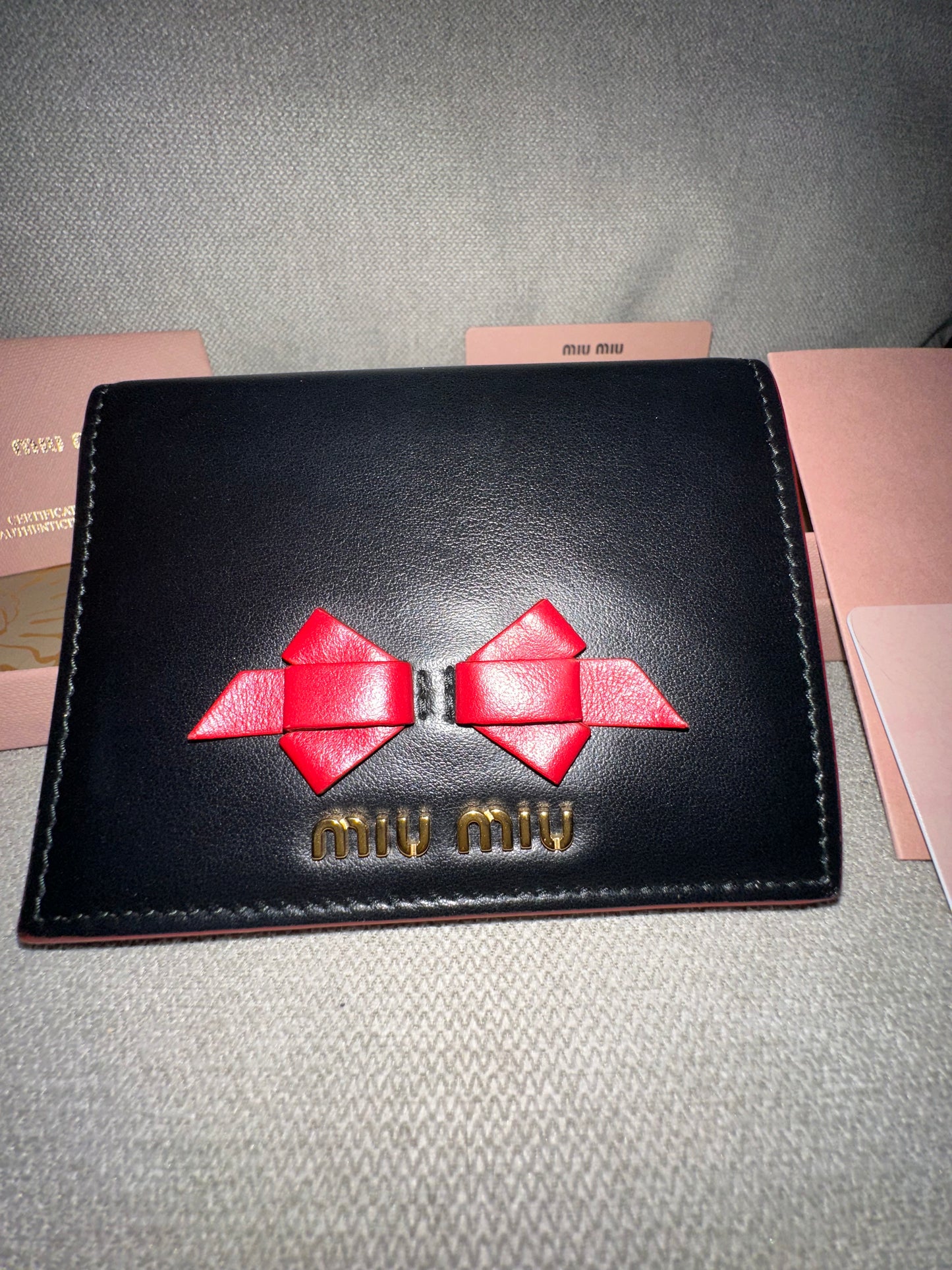 Miu Miu Madras Compact Wallet in Black and Red Leather