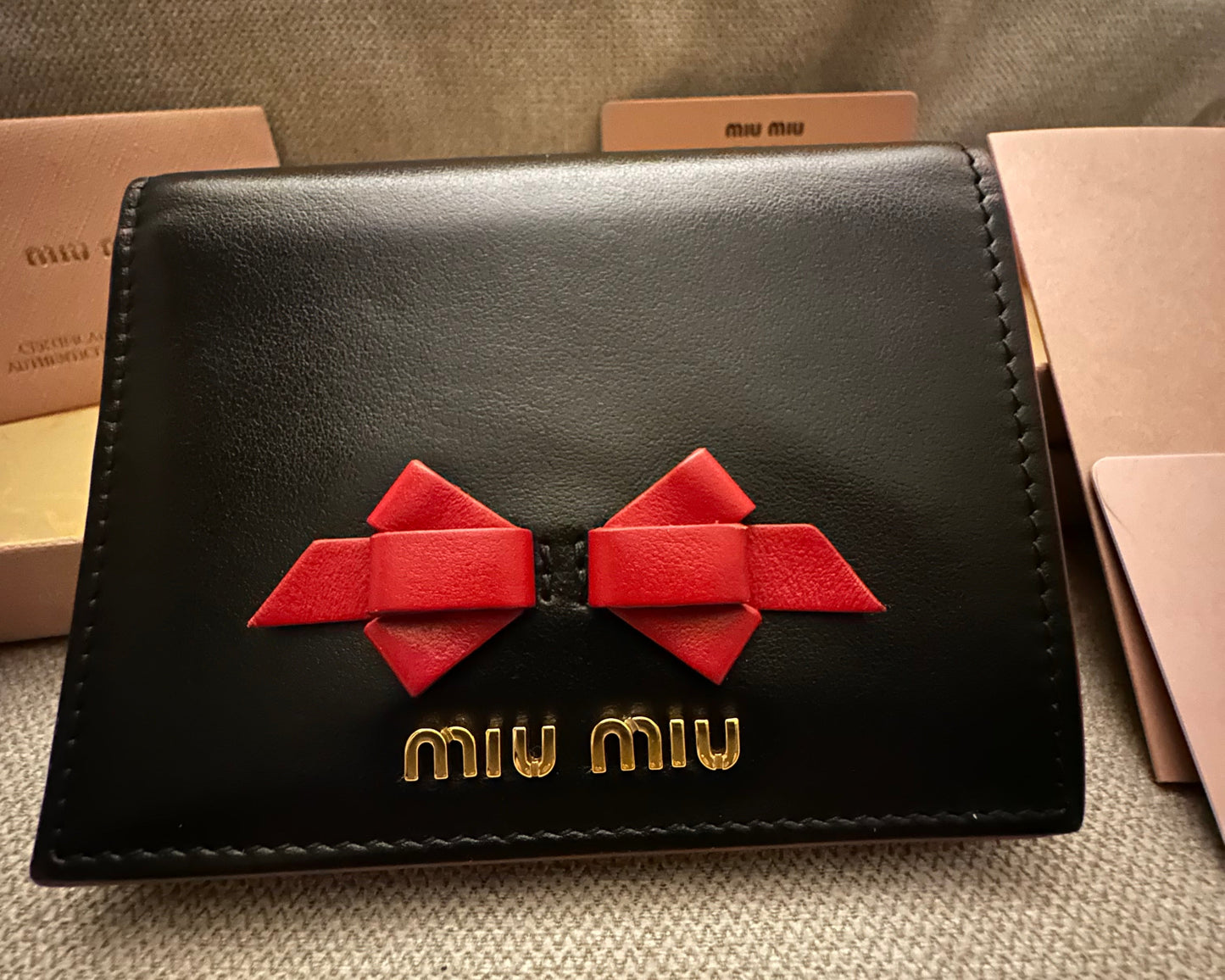 Miu Miu Madras Compact Wallet in Black and Red Leather
