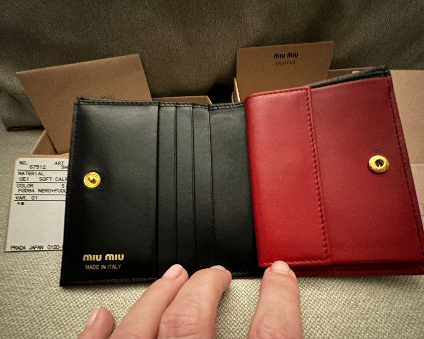 Miu Miu Madras Compact Wallet in Black and Red Leather