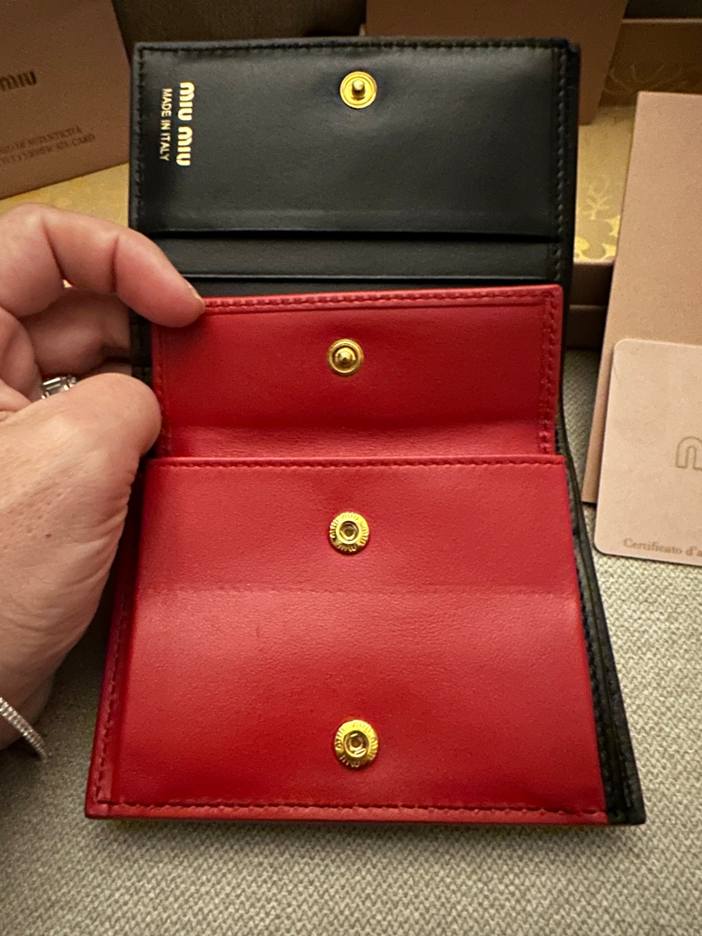 Miu Miu Madras Compact Wallet in Black and Red Leather