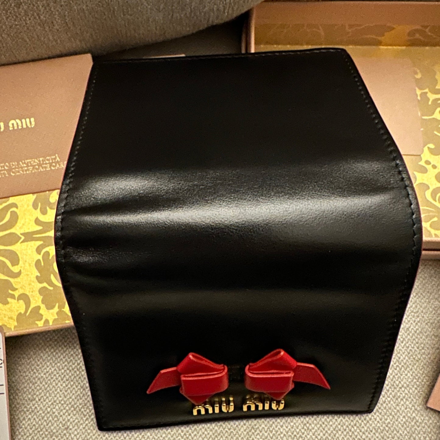 Miu Miu Madras Compact Wallet in Black and Red Leather
