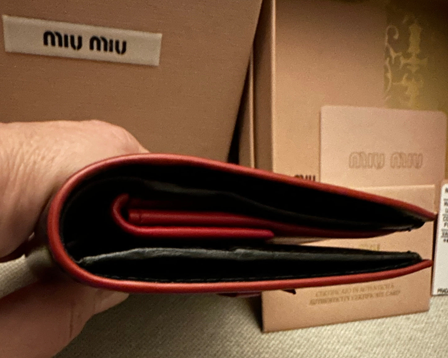 Miu Miu Madras Compact Wallet in Black and Red Leather