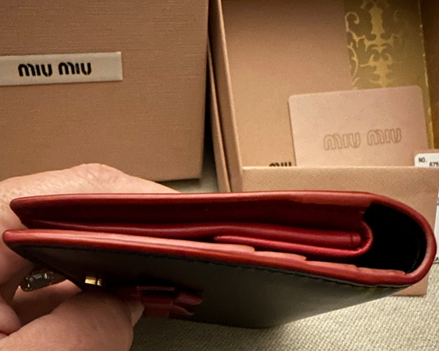 Miu Miu Madras Compact Wallet in Black and Red Leather