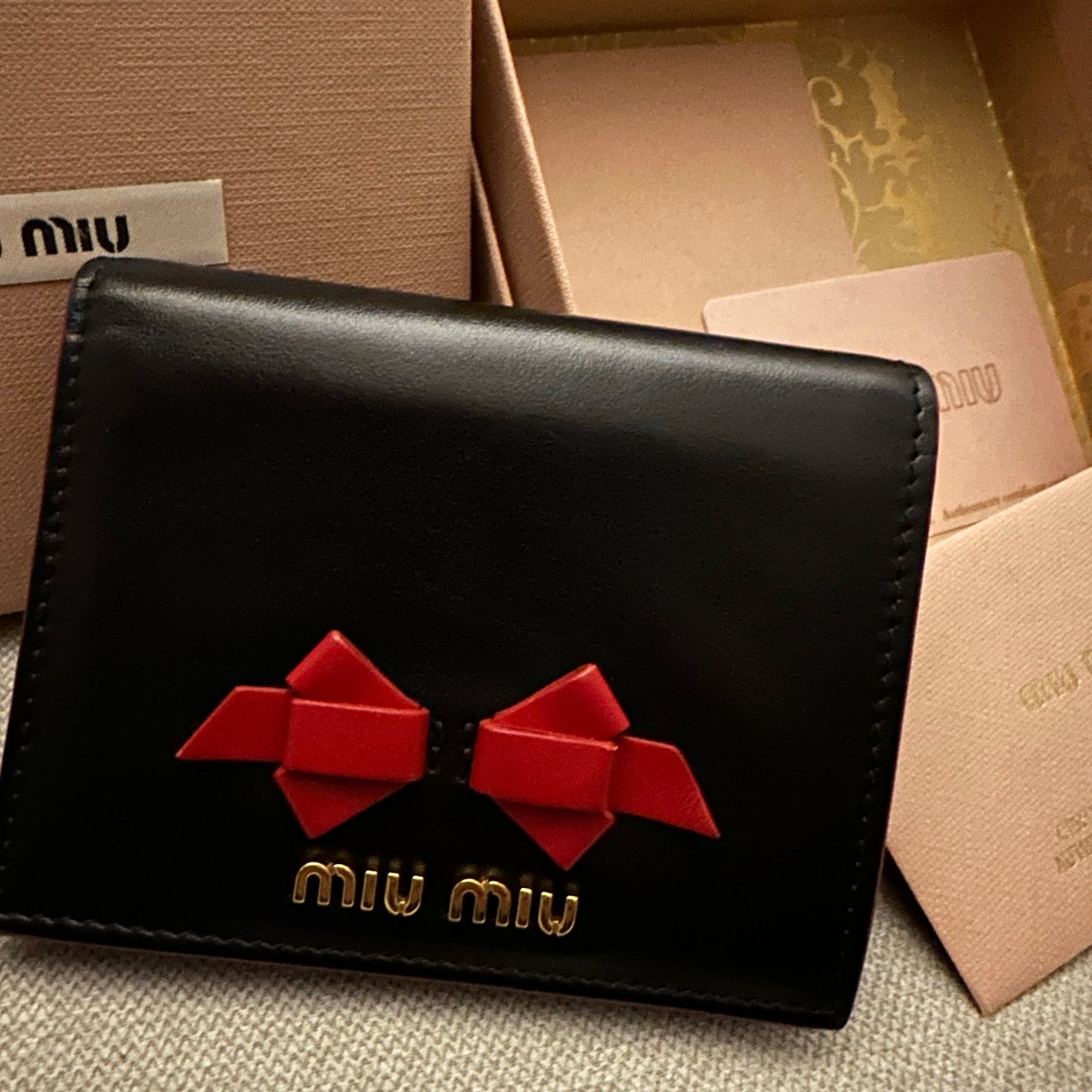 Miu Miu Madras Compact Wallet in Black and Red Leather