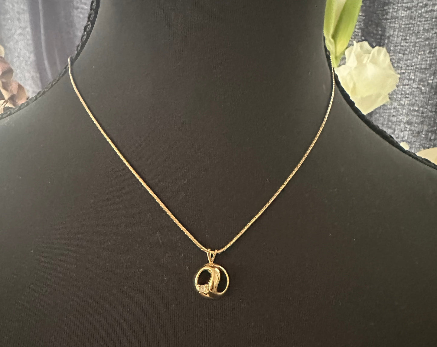 Givency Gold Necklace with Rhinestone and Gold Stamped Pendant: Vintage
