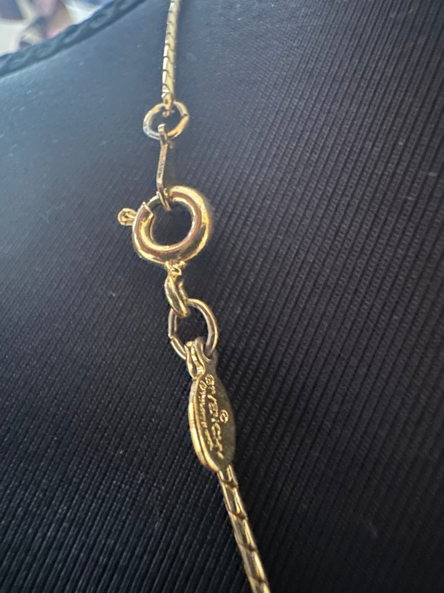 Givency Gold Necklace with Rhinestone and Gold Stamped Pendant: Vintage