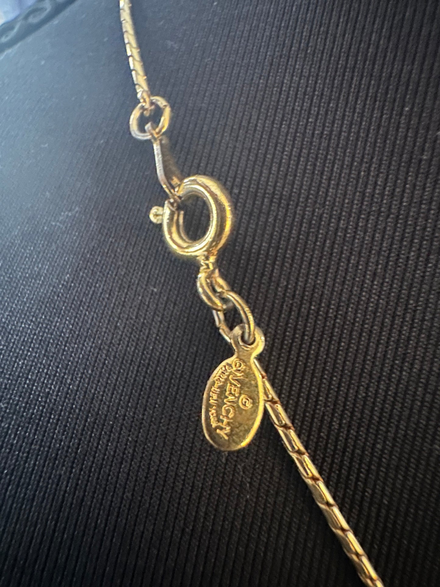 Givency Gold Necklace with Rhinestone and Gold Stamped Pendant: Vintage