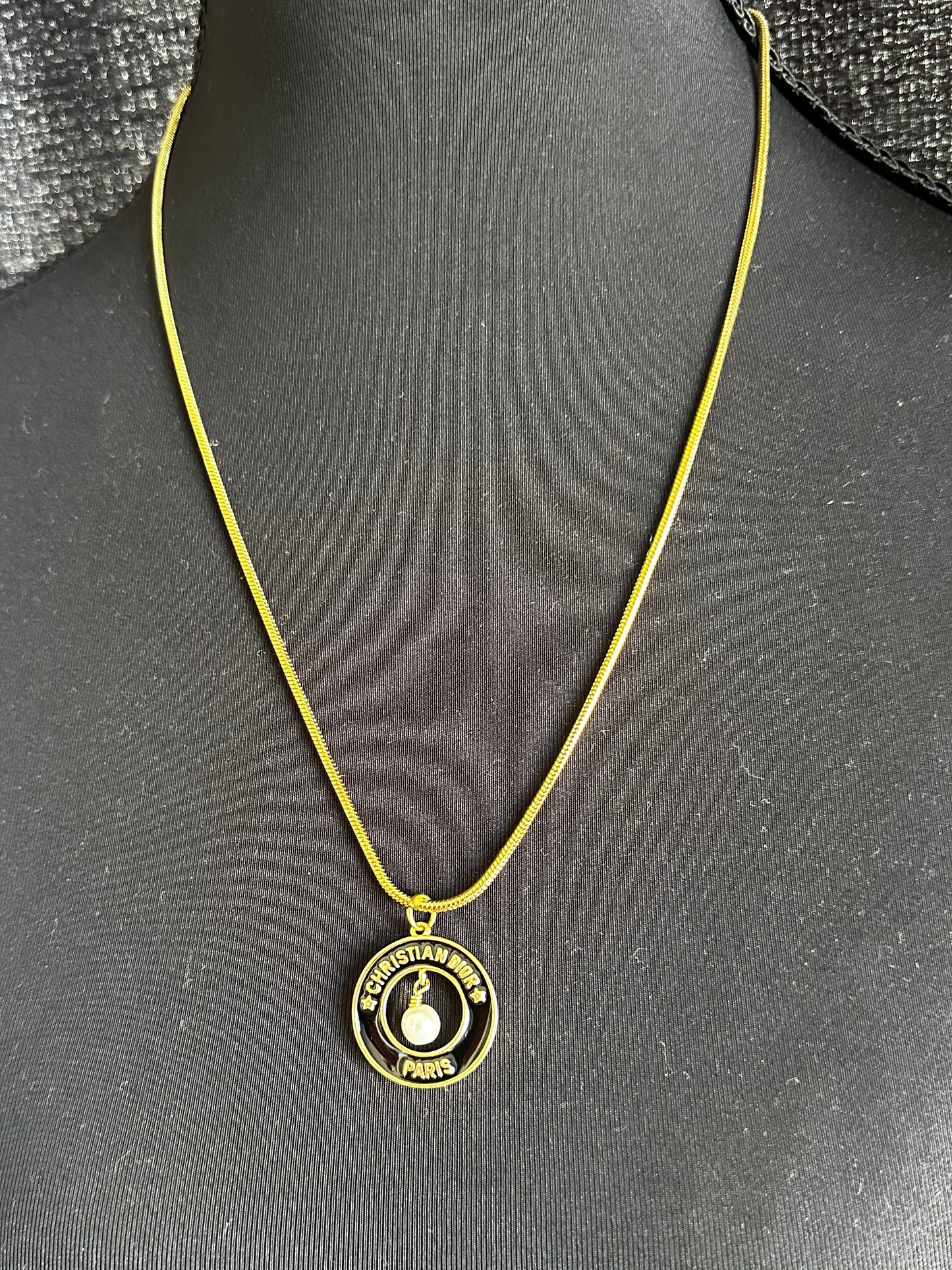 Christian Dior Gold Chain w Upcycled Gold, Black Lacquer, and Pearl Circular Pendant