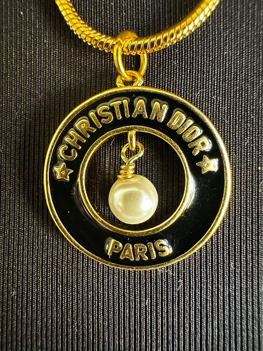 Christian Dior Gold Chain w Upcycled Gold, Black Lacquer, and Pearl Circular Pendant
