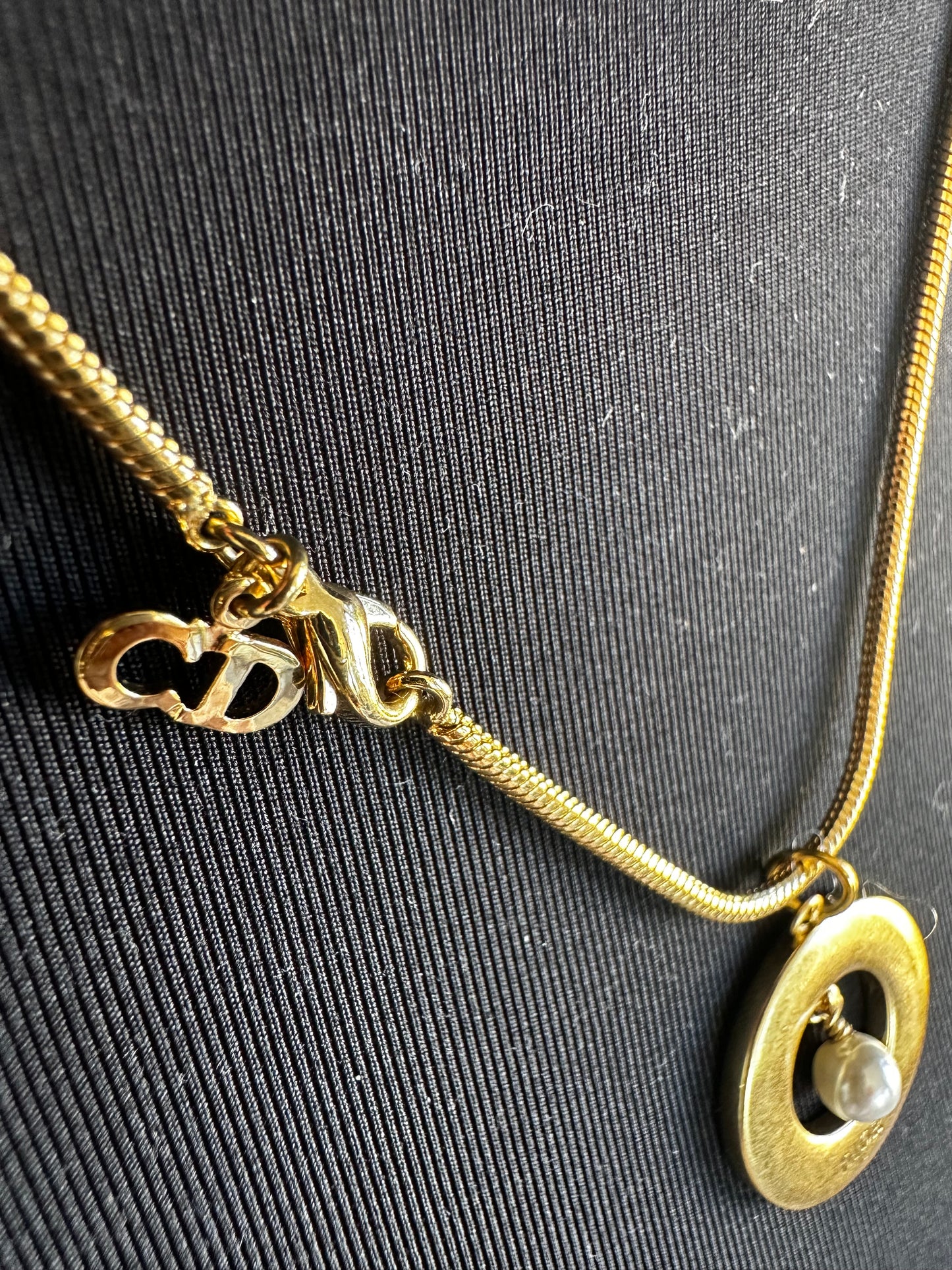 Christian Dior Gold Chain w Upcycled Gold, Black Lacquer, and Pearl Circular Pendant