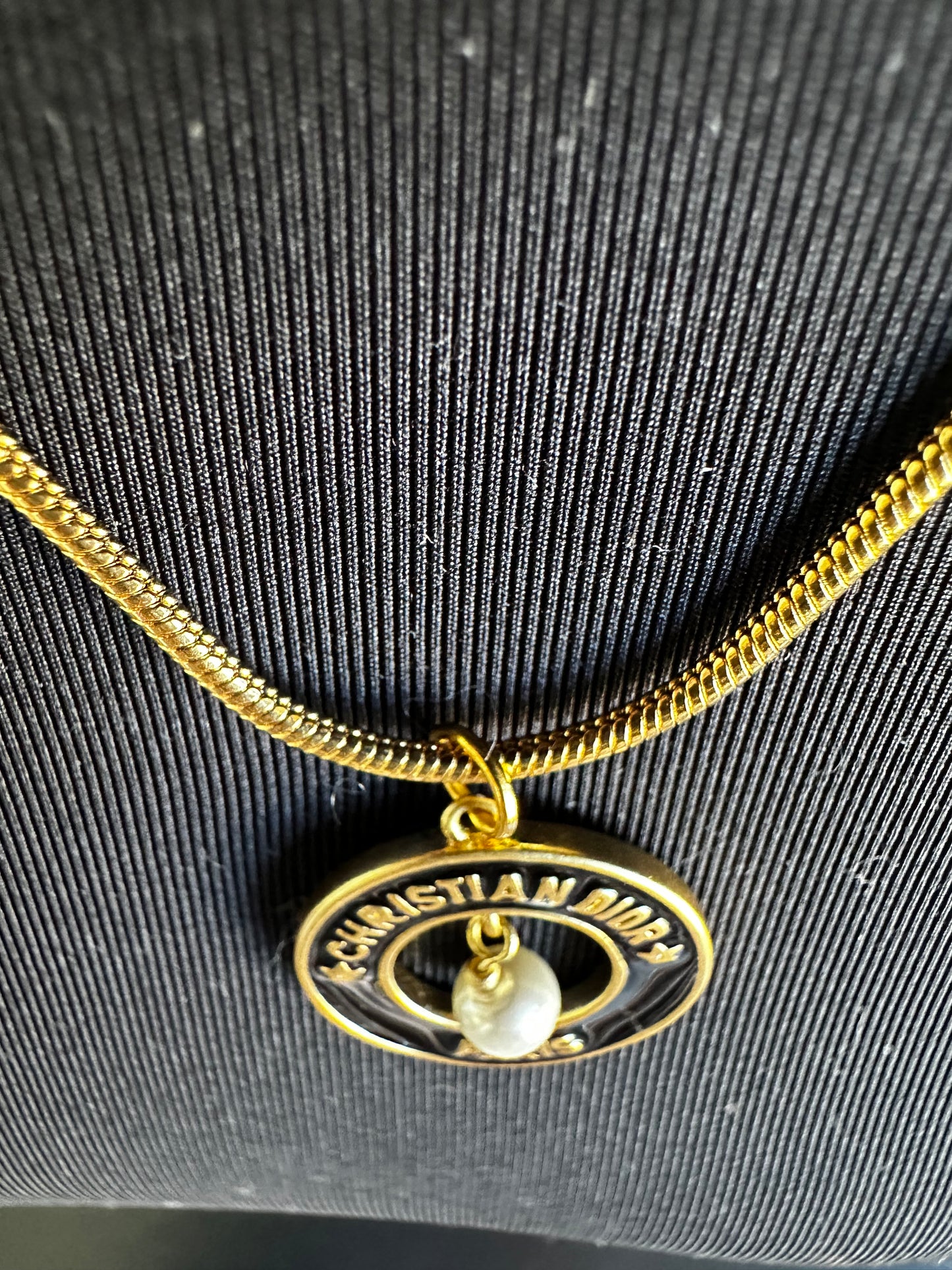 Christian Dior Gold Chain w Upcycled Gold, Black Lacquer, and Pearl Circular Pendant